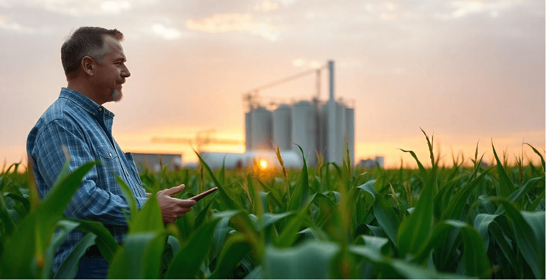 Farmer in field with industrial facilities